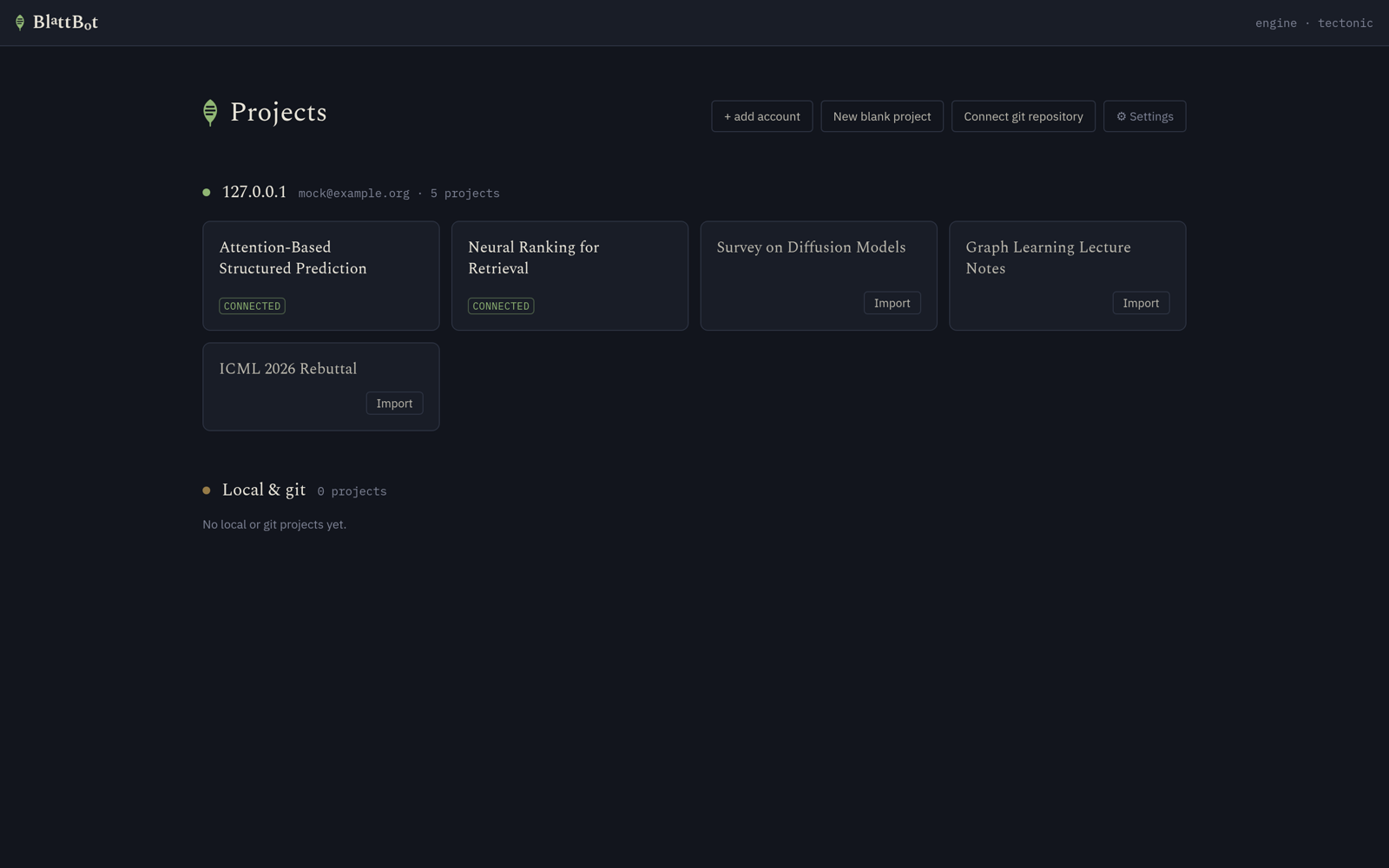 The projects dashboard with an Overleaf account section listing five projects, two of them connected and the rest with an Import button, a separate section for local and git projects, and buttons to add an account, create a blank project, or connect a git repository.
