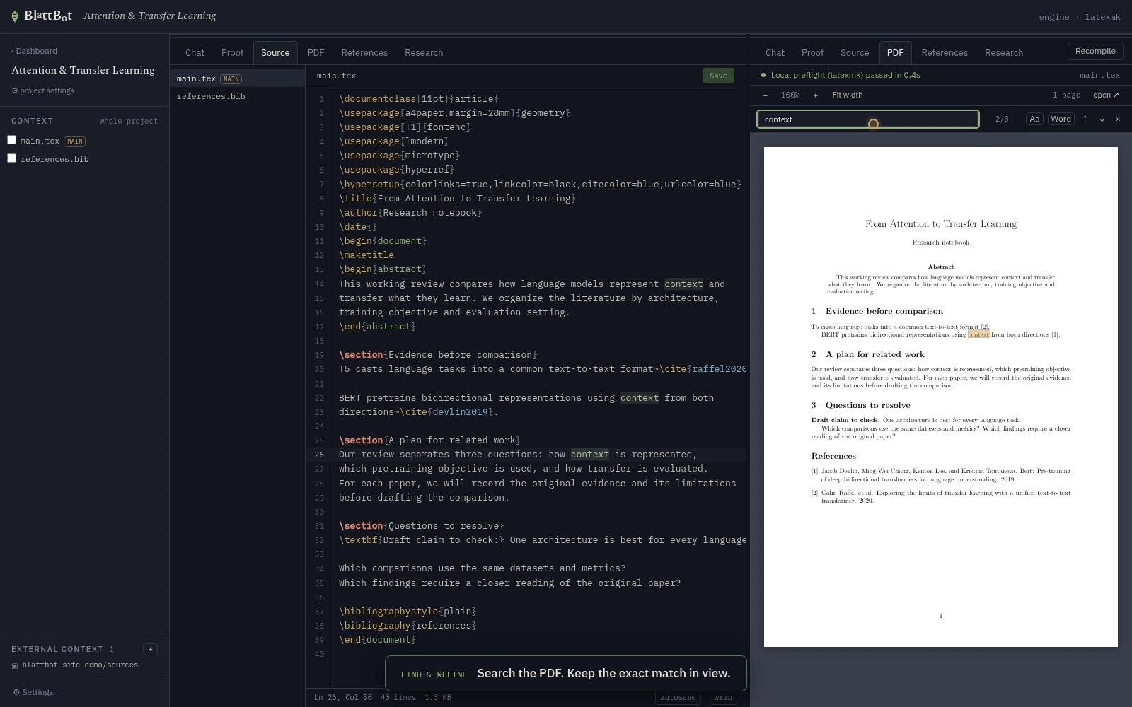 Source and PDF side by side. A LaTeX file with syntax highlighting in the editor pane and the freshly compiled document in the PDF pane.