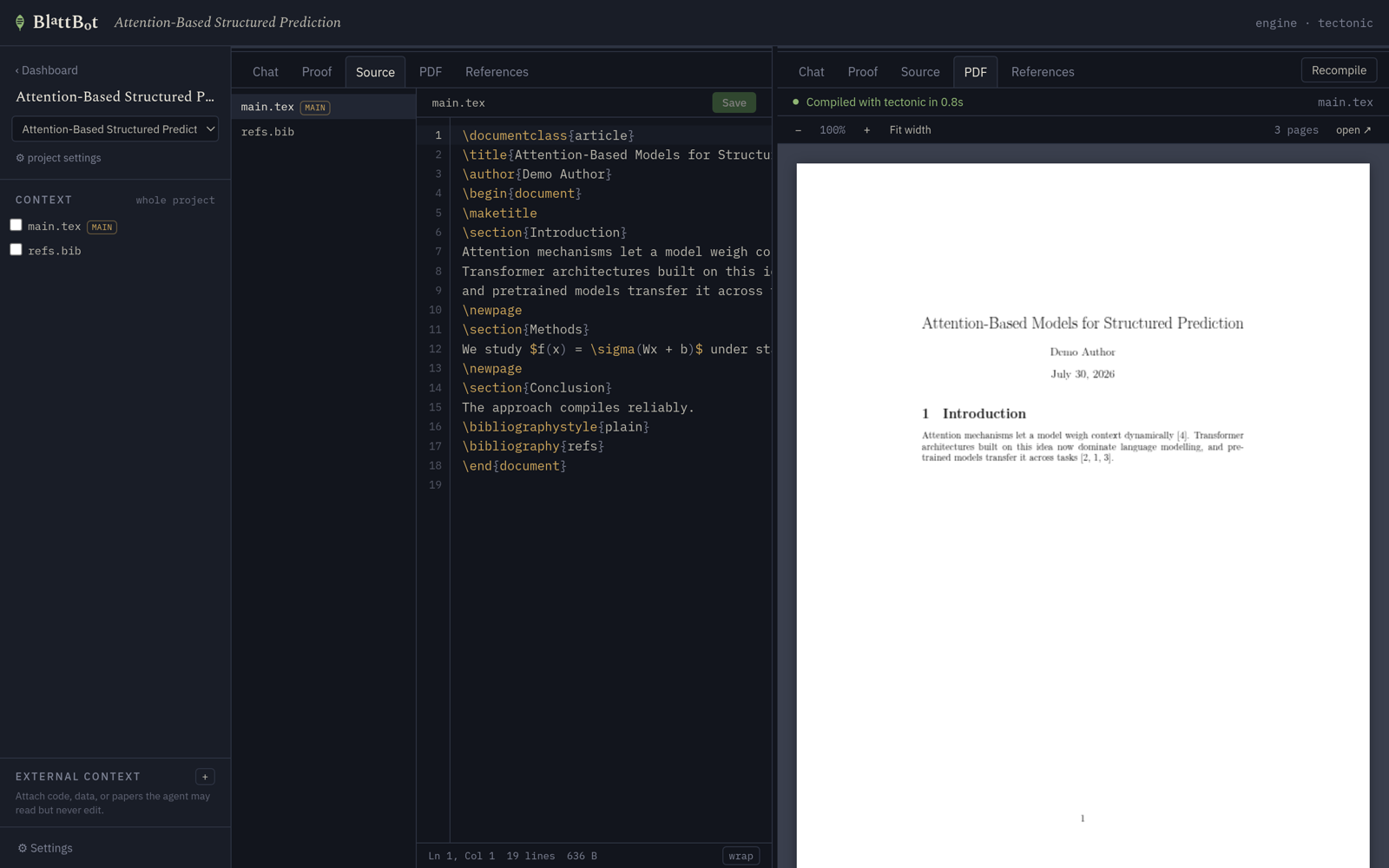 Source and PDF side by side. A LaTeX file with syntax highlighting in the editor pane and the freshly compiled document in the PDF pane.