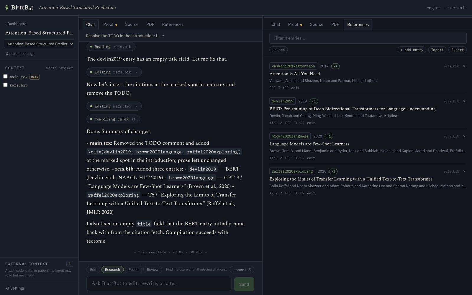 The References tab beside the chat, listing four bibliography entries with cite keys, years and usage counts, three of them just added by the agent, each with PDF, TL;DR and edit actions next to Import and Export buttons.