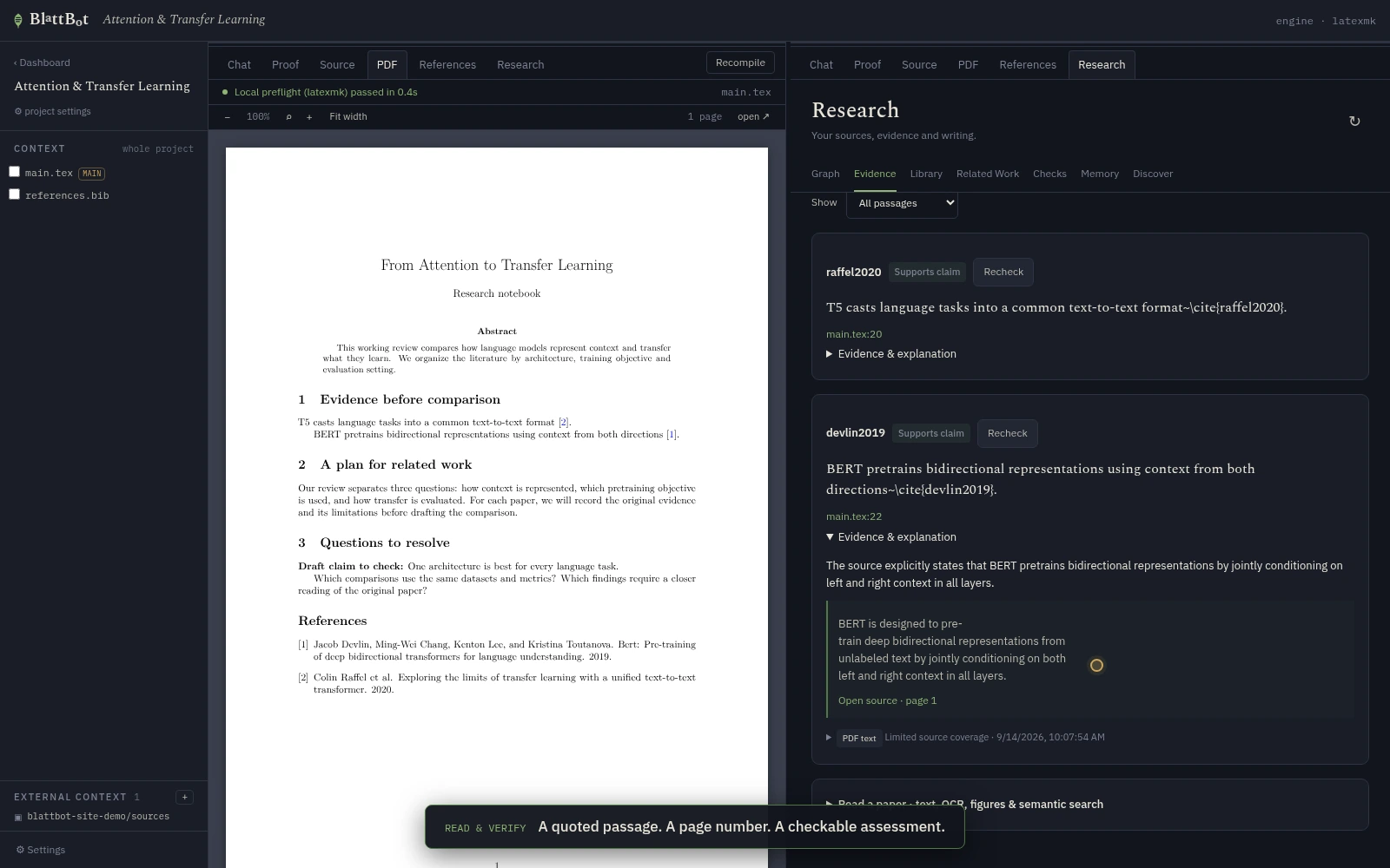 The current BlattBot workspace showing a manuscript beside its source-backed evidence assessment and original quotation.