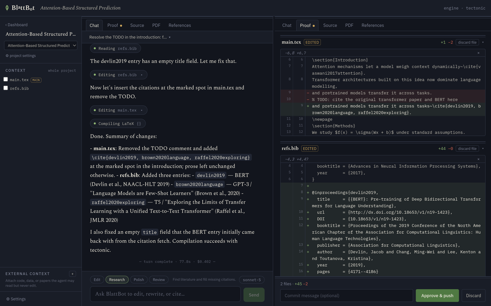 The chat on the left with the agent's full turn, reading files, editing, compiling and summarizing its changes. On the right the Proof tab with diffs for main.tex and refs.bib, a commit message field, and buttons to approve and push or discard.